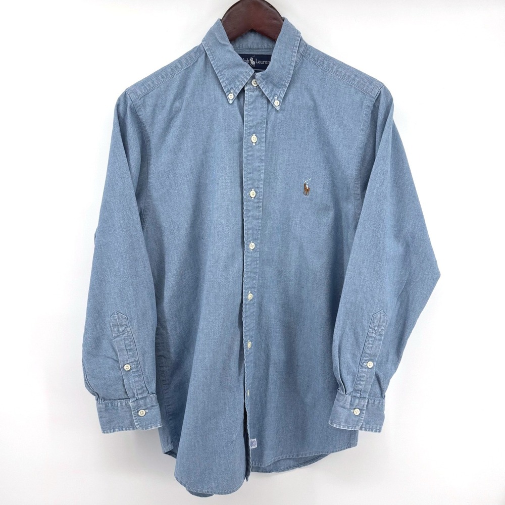 Ralph Lauren Button Down Shirt Mens M Blue Denim Chambray Preppy Classic Top